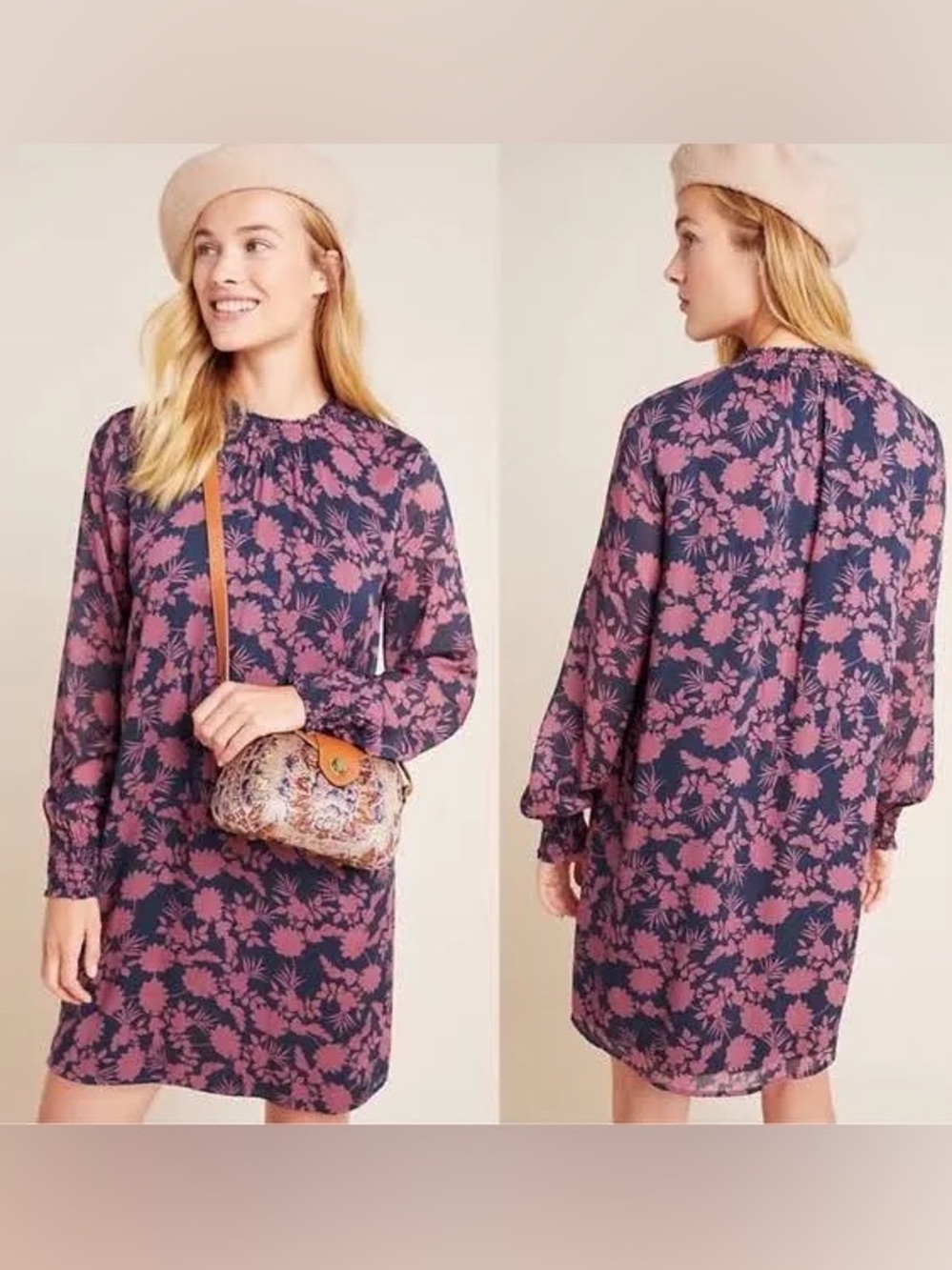 Anthropologie Cloth‎ & Stone Stephanie Long-Sleeve Smock Tunic Pink Navy Dress S